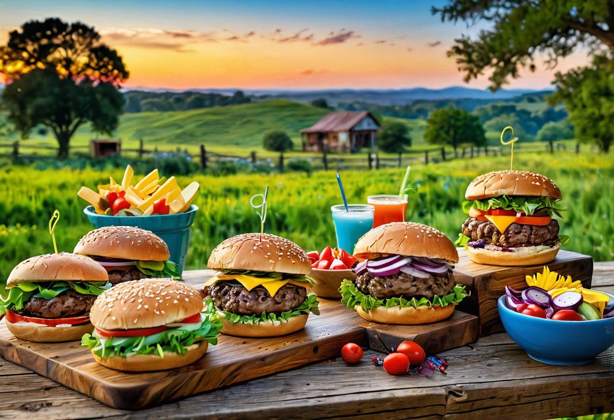 A picturesque Texas countryside scene featuring a rustic wooden table adorned with a variety of colorful, gourmet burgers, artfully arranged with fresh vegetables and artistic garnishes. In the background, rolling green hills under a bright blue sky, dotted with wildflowers and the warm glow of sunset. Happy people enjoying their burgers, laughter and joy echoing throughout the landscape. 3D rendering. vibrant colors. outdoor setting.