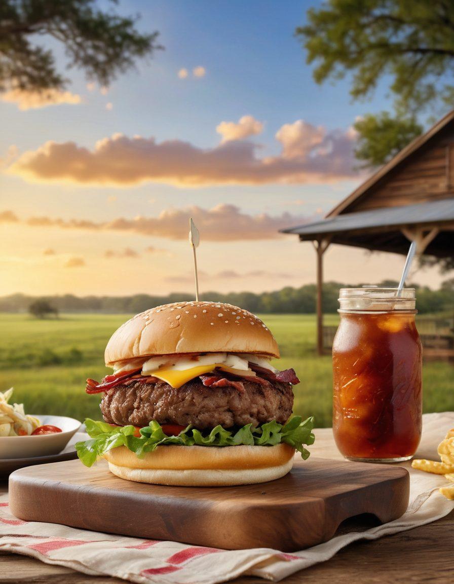A mouthwatering Southern-style burger, stacked high with crispy bacon, melted cheese, and fresh veggies, against the backdrop of a rustic Texas landscape featuring wide open skies and rolling fields. Include a table set with classic Southern sides like coleslaw and sweet tea, showcasing a warm, inviting atmosphere. The scene should capture the essence of Texas pride and culinary tradition. super-realistic. vibrant colors. countryside setting.